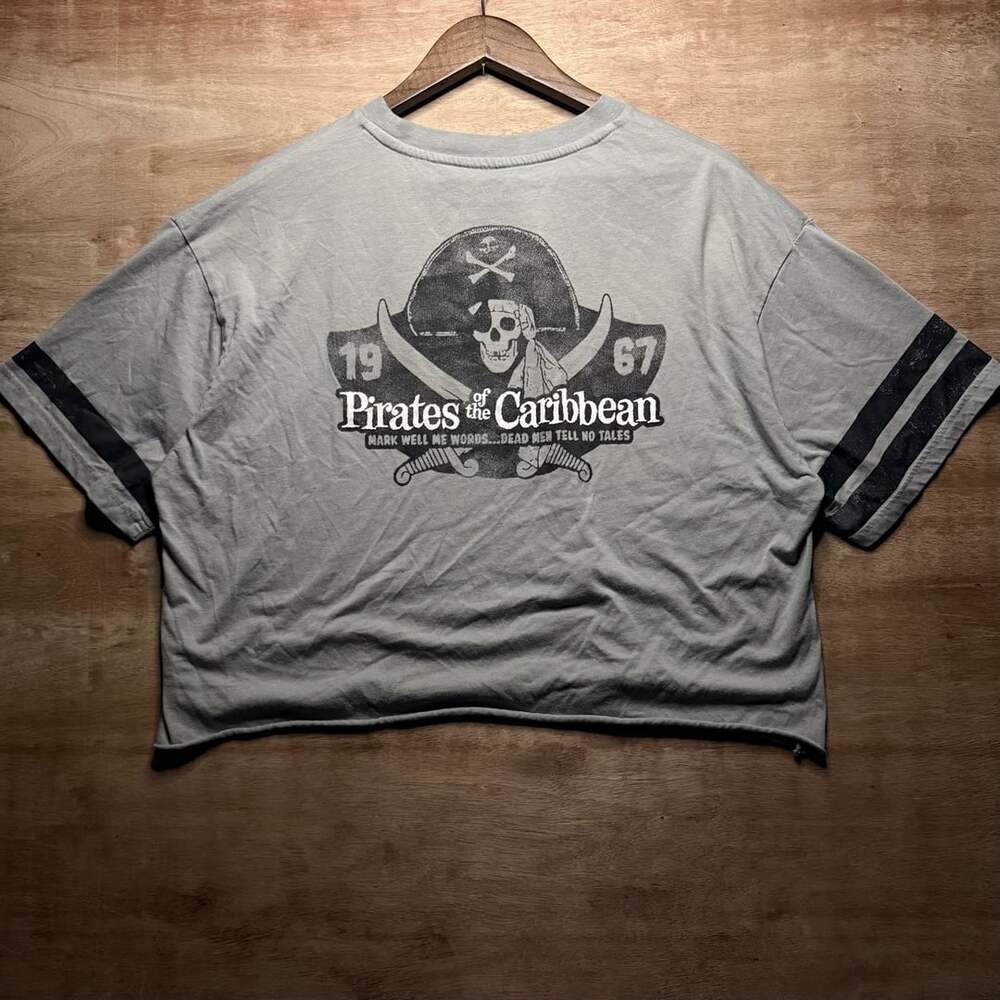 Disney Pirates of the Caribbean Skull Crossbones Gray Cropped Graphic Tee L